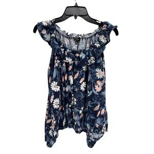 International Concepts Floral Ruffle Cold Shoulder Blouse Navy L Boho Peasant To
